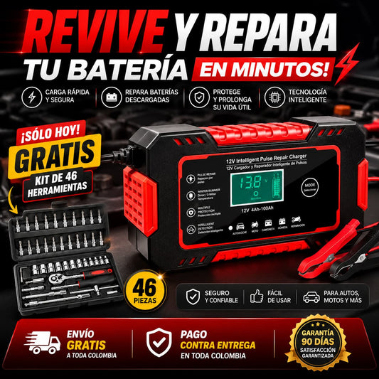 TurboPower® Cargador y Reparador Inteligente de Batería + Kit de 46 Herramientas GRATIS🔥
